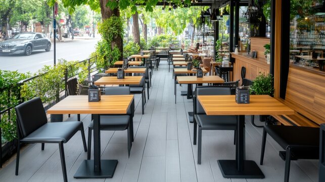 Cozy Outdoor Café with Modern Furniture and Lush Greenery in Urban Setting