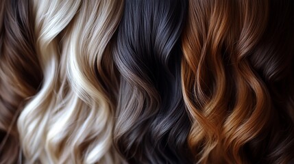Fototapeta premium Wavy hair color chart showing blonde, light brown, dark brown, and auburn shades.