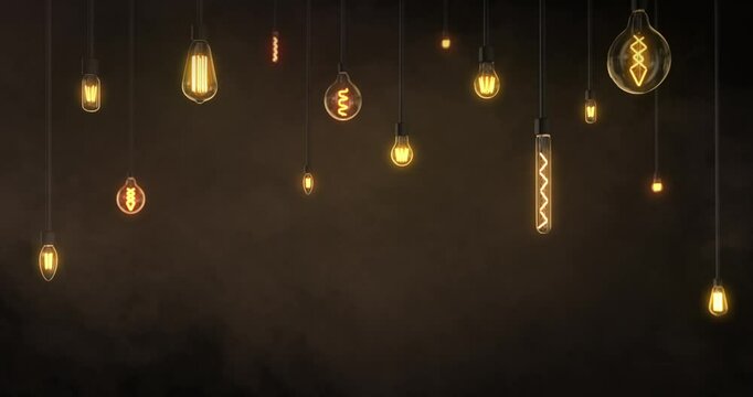 Edison / filament lightbulbs swinging. Looping animation. 3D render.