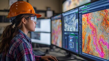 Focused engineers work in a cutting-edge lab, examining detailed seismic data on large screens to ensure safety and optimize engineering projects for urban development
