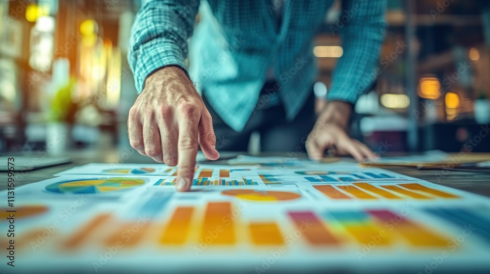 Aufkleber close-up of a businessman's hand pointing at financial charts and graphs spread on a table, analyzin