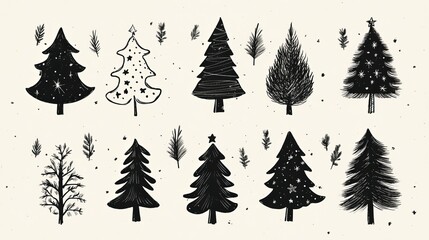 Obraz premium Set of hand drawn Christmas trees
