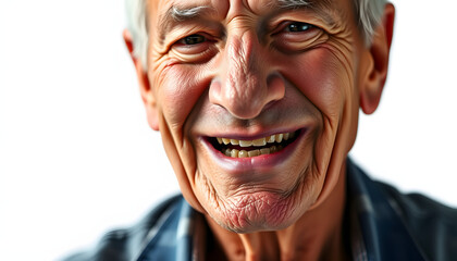 Close up portrait of an old male, man in casual clothes, senior smiles and shows his mouth without teeth, isolated over white background, copyspace for your text isolated with white highlights, png