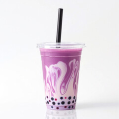 A vibrant purple bubble tea in a clear plastic cup with black tapioca pearls and a black straw against a white background.