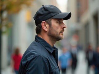 Side profile of a man wearing a black cap and jacket, standing in an urban street with blurred pedestrians in the background.