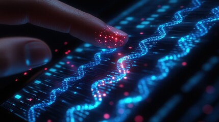 A digital interface displaying data with a finger interacting with glowing wave patterns.
