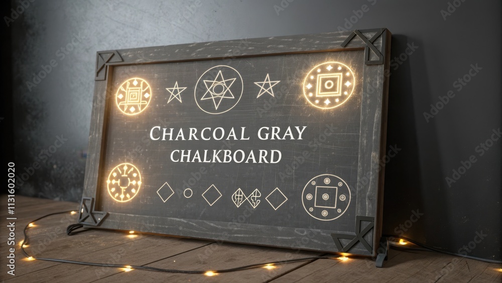 Aufkleber glowing esoteric symbols are illuminating a charcoal gray chalkboard with metal corner brackets, pla