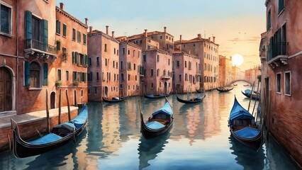 Fototapeta premium Watercolor illustration of a quiet Venetian canal at sunset with pastel reflections and a single gondola