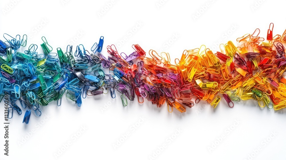 Poster a colorful arrangement of paper clips in a gradient pattern.
