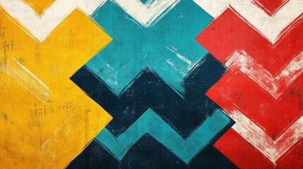 Abstract geometric pattern with zigzag shapes in yellow, blue, red, and black tones.