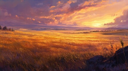 Fototapeta premium Golden Cornfields Under a Vast Sky at Sunset