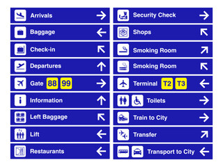 Obraz premium Comprehensive Airport Signage Icons: Departure, Arrival, Transfer, Baggage, Check-in, Toilet, Smoking Area, Transport to City and Lift Information. Vector.