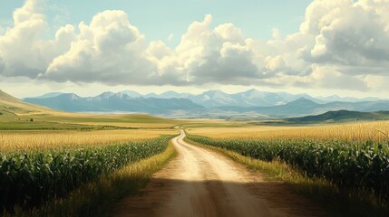 Naklejka premium Serene Dirt Road Through Cornfields and Grasslands