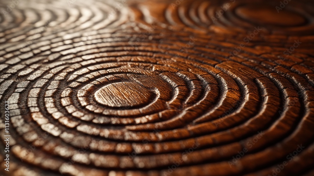 Poster close-up of intricately carved wooden surface with circular patterns.