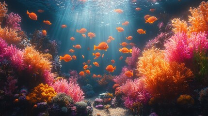 Fototapeta premium Vibrant coral reef, orange fish, sunlit ocean.