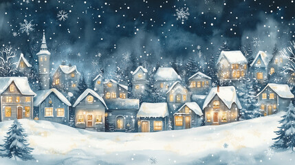Naklejka premium Snowy hillside village with glowing windows