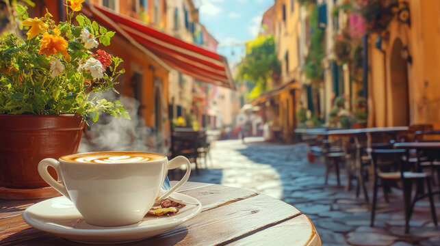 Fototapeta Vacations in Italy. Cup of espresso coffee with slices of pizza with beautiful italian street on the background.
