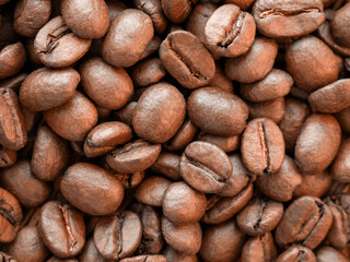 Obraz premium Fragrant roasted Arabica coffee beans in close-up. The background is dark brown from coffee beans