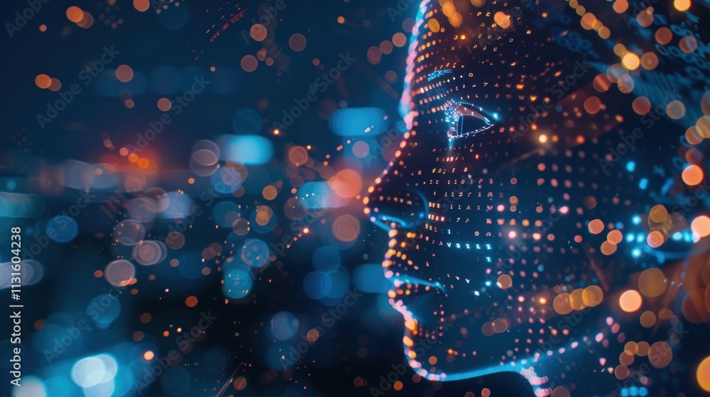 Poster human face composed of flowing data code and vibrant particles against a dark blue background, illus
