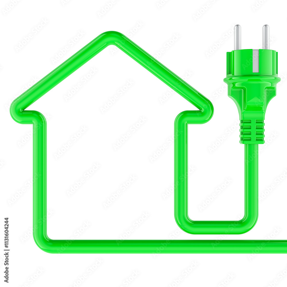 Aufkleber energy saving concept. green power plug with power cable in shape as house, 3d rendering isolated on