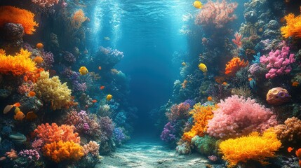 Fototapeta premium Vibrant coral reef, colorful fish, underwater scene.