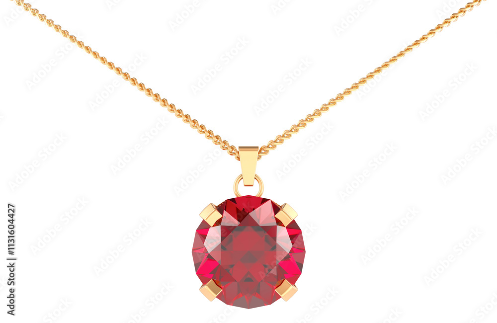 Poster golden chain with ruby pendant, 3d rendering isolated on transparent background