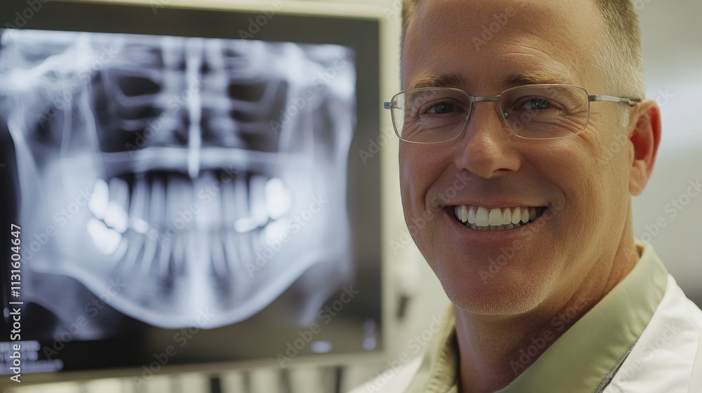 Aufkleber a dental professional is smiling while standing next to a large digital x-ray screen displaying teet