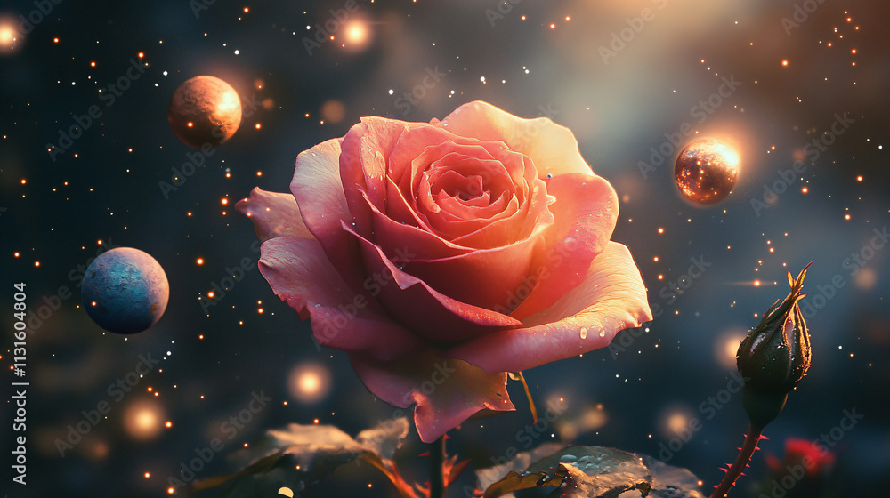 Poster a rose with tiny planets and celestial bodies orbiting around it, representing the interconnection b