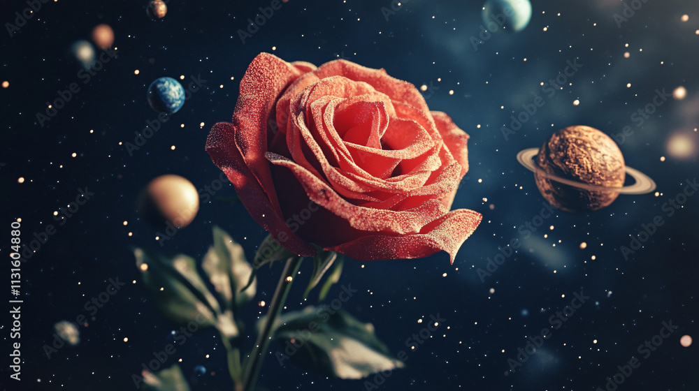 Poster a rose with tiny planets and celestial bodies orbiting around it, representing the interconnection b