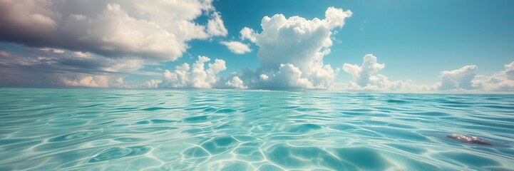 Fototapeta premium Clouds casting shadows on the rippling blue ocean surface with sunlight penetrating the water, revealing a colorful underwater world below, rippling, underwater