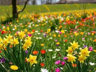 Obraz premium Daffodil flowers blooming in a lush field under the bright sun, petals, outdoor