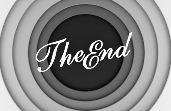 The End, concept. Retro black and white style movie ending screen. 3D rendering
