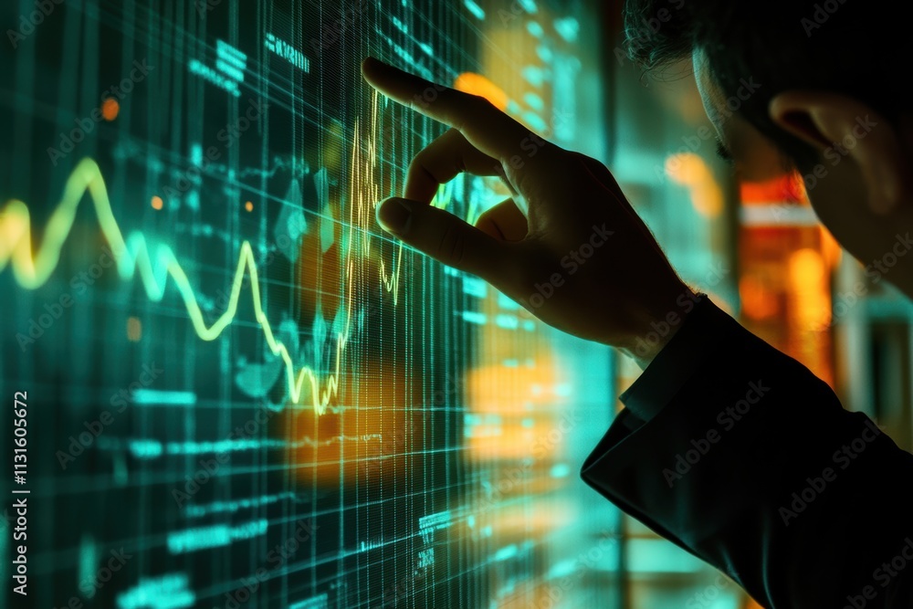 Poster A business professional analyzing performance data on a digital touch screen, representing key elements of goal setting and strategic planning for future success in the corporate world