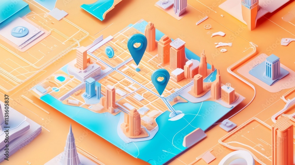 Poster set of maps with pin. icons with folded city map and red direction pointer. gps navigation, route mo