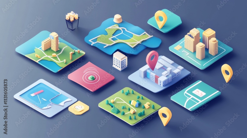 Poster set of maps with pin. icons with folded city map and red direction pointer. gps navigation, route mo