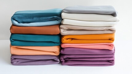 Stacked jersey cotton sheets in a variety of vibrant and pastel colors, showcasing soft textures and neatly folded arrangements for bedding and home decor inspiration.