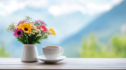 Fototapeta premium Beautiful floral arrangement in a vase beside a cup of coffee on a wooden table with a blurred nature background