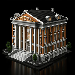 classical architectural illustration of a neoclassical building in 3d cartoon style on black background