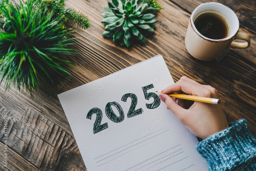 Poster a hand writes 2025 on blank paper, symbolizing goal setting and future planning, beside a steaming c