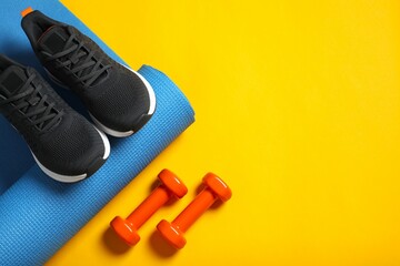 Sport equipment on white background, top view
