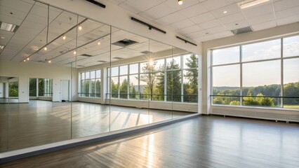 Obraz premium An expansive mirror stretches across one wall reflecting the natural light that pours in from large windows enhancing the sense of openness and motivation.