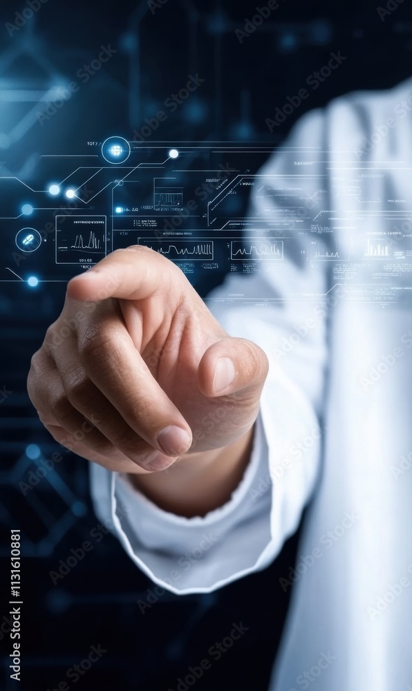 Poster futuristic businessman touching digital interface with touchscreen technology and data visualization
