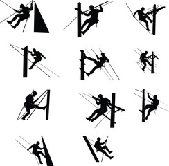 Set of electric workers. Collection of silhouettes electrical worker on power lines. Repairman fixing street wires. Danger job.Vector illustration of sign power lineman on white background.