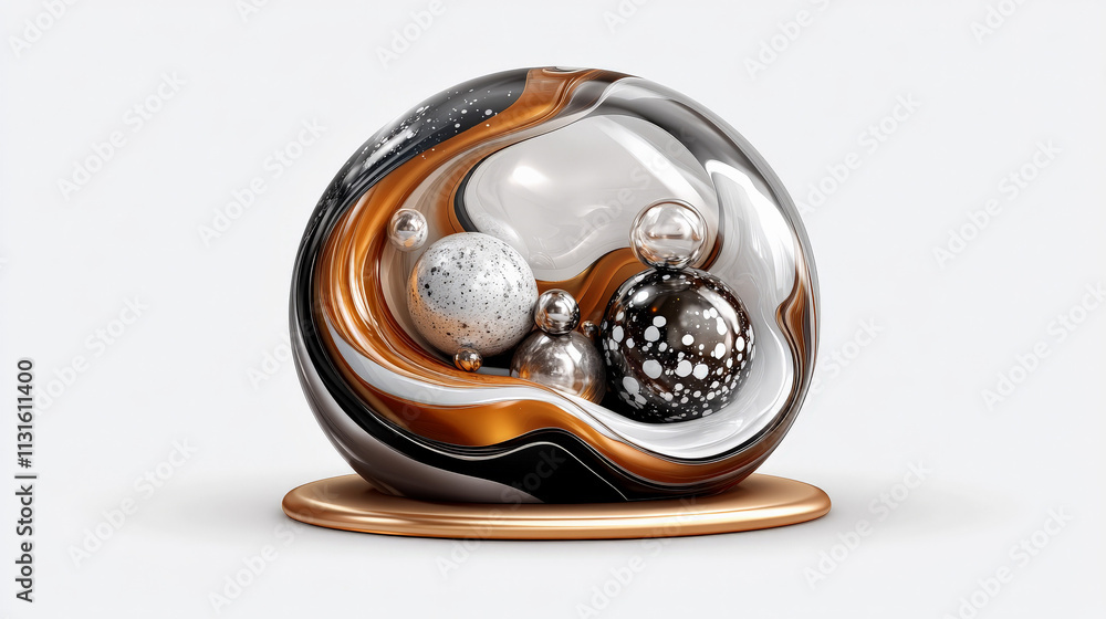 Poster abstract sphere of metallic swirls: a mesmerizing 3d render of a glass sphere filled with swirling m