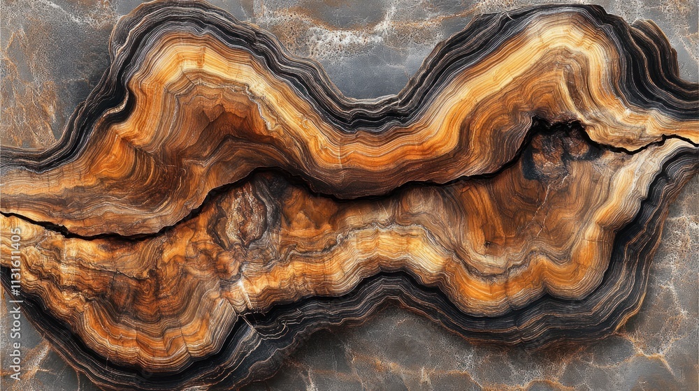 Poster an abstract image of layered agate stone showcasing rich orange and gray patterns.