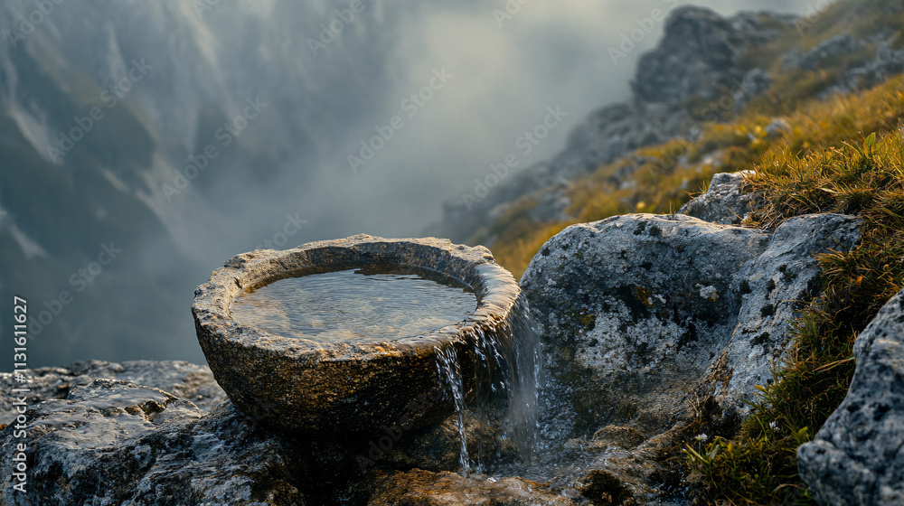 Poster a stone bucket at the top of a mountain, with a single stream of water overflowing and transforming 