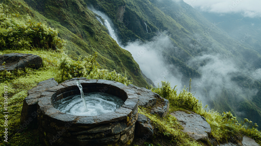 Poster a stone bucket at the top of a mountain, with a single stream of water overflowing and transforming 