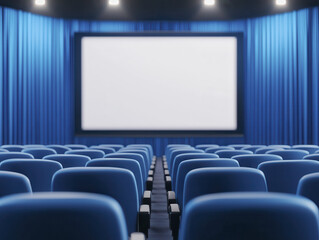 Fototapeta premium High definition shot of blue cinema hall interior with empty seats, creating serene atmosphere for movie viewing. screen is ready for film presentation