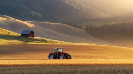 Fototapeta premium Tranquil Sunrise Over Rolling Fields with Tractor and Rustic Barn in Serene Rural Landscape