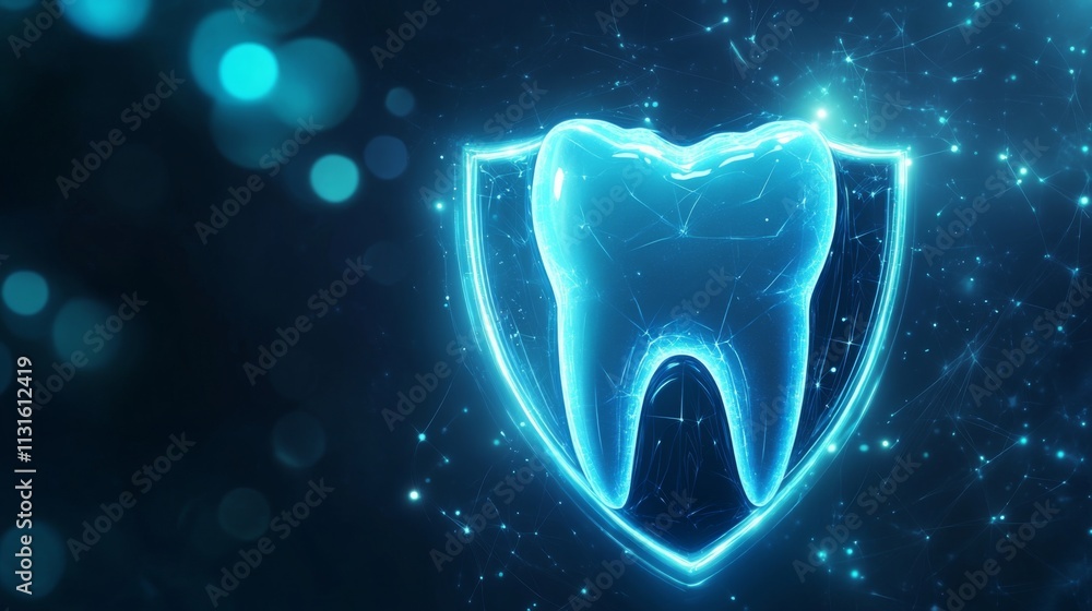 Poster a glowing shield with a tooth design represents the concept of dental protection through advanced ar